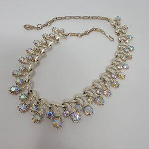Vintage Coro Aurora Borealis Rhinestone Necklace 17" Signed Gold Tone Statement